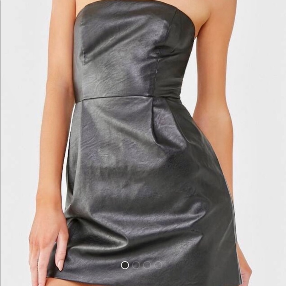 Faux black leather strapless mini dress